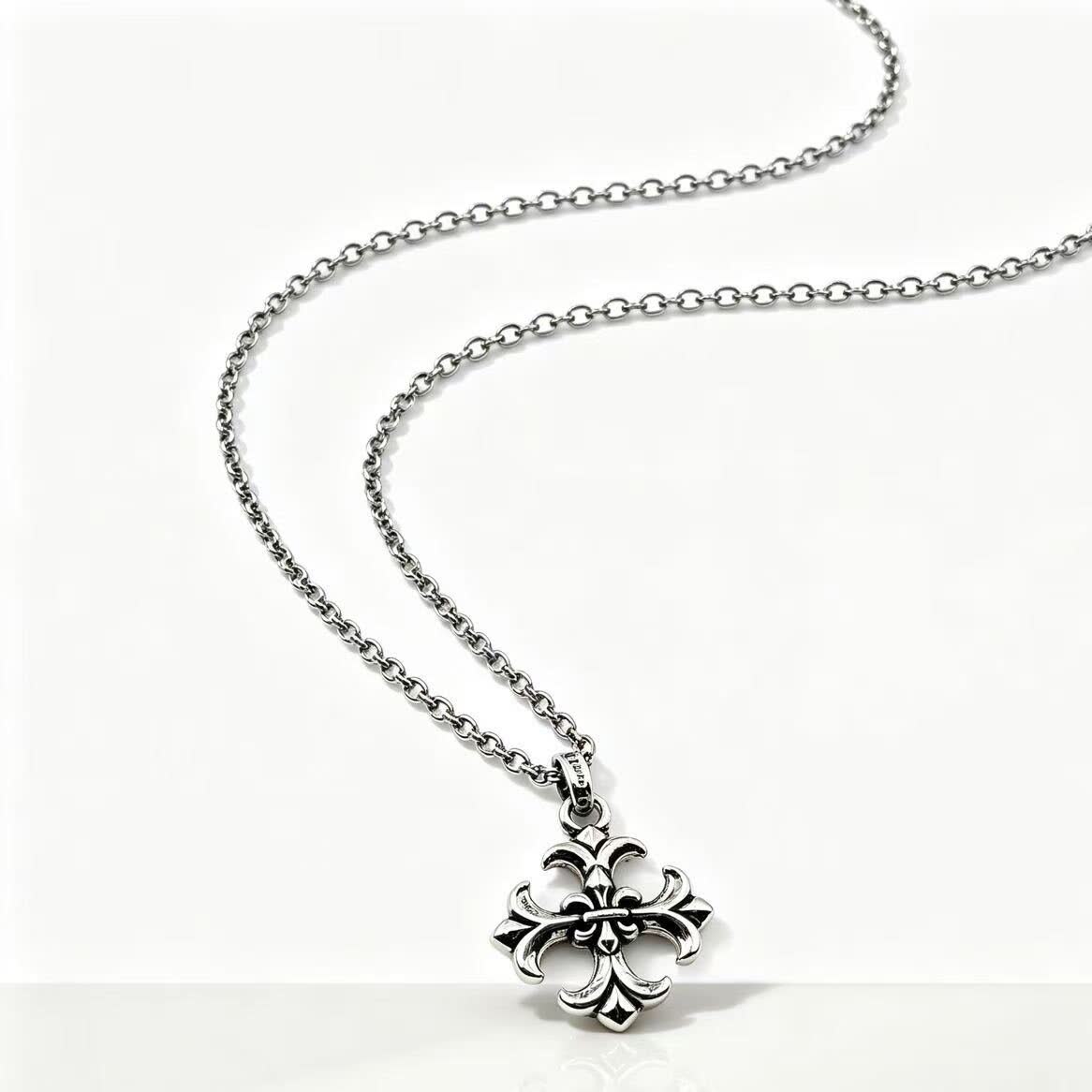 Chrome Hearts Sterling Silver Fleur-de-lis Cross Pendant Necklace